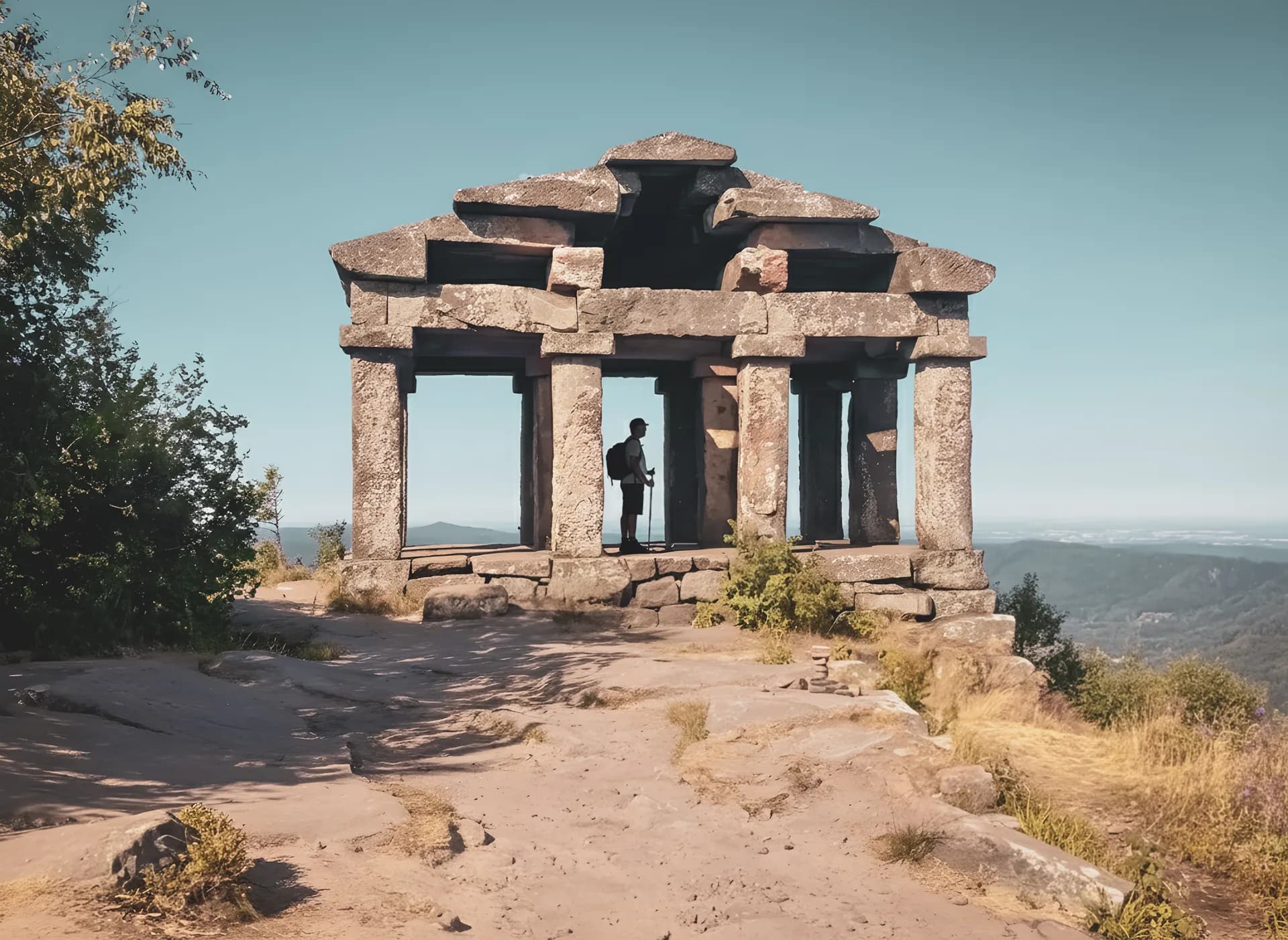 Silhouette of a hiker in front of a picturesque ruin overlooking the Vosges mountains.