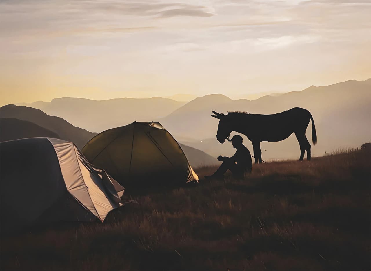 Silhouette of a hiker and a donkey at sunset, with tents in the Écrins.