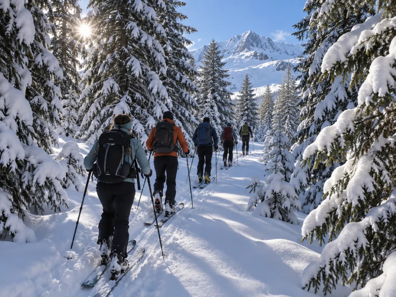 A group of ski tourers in a snow-covered wood, with majestic mountains in the background.