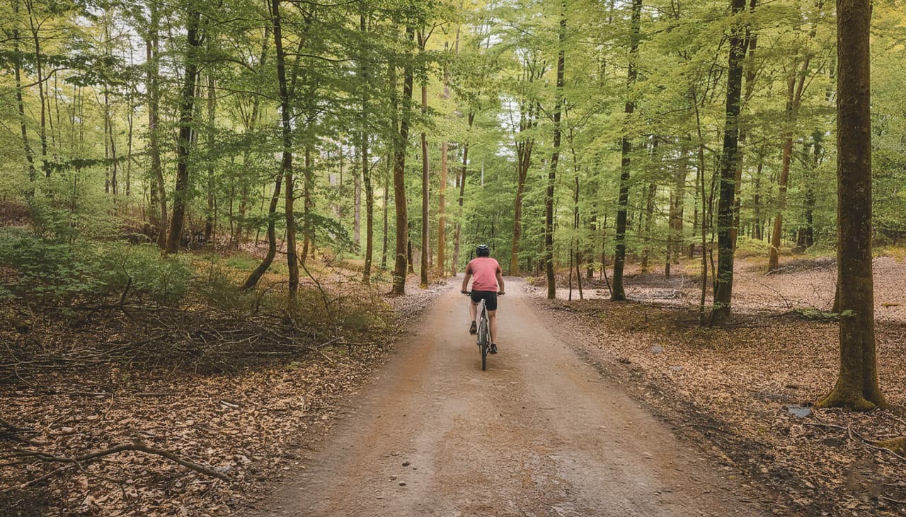 Cycliste sur un chemin forestier verdoyant, invitant à l'aventure en pleine nature.