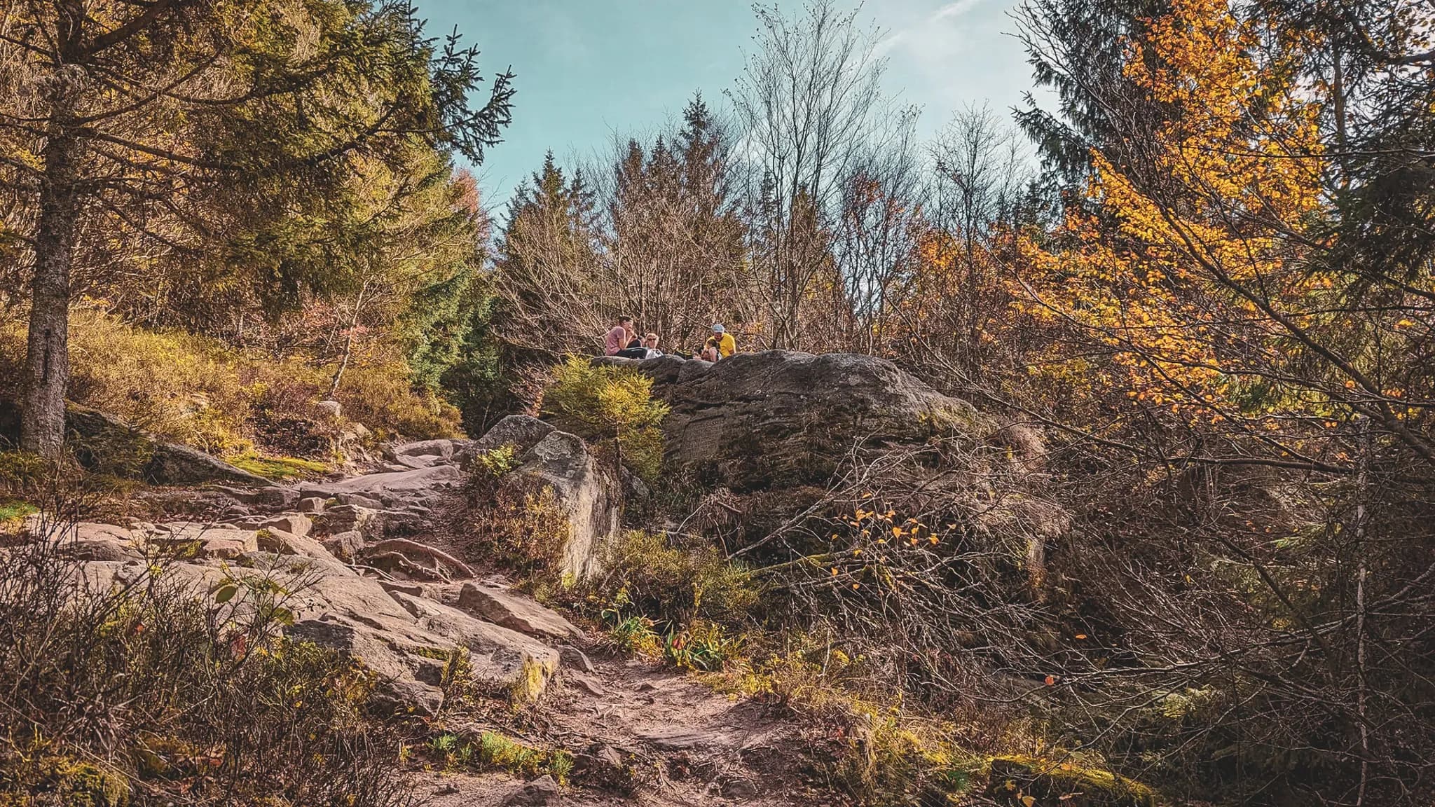 Un sentier rocheux menant à un groupe observant la nature en pleine couleur d'automne.