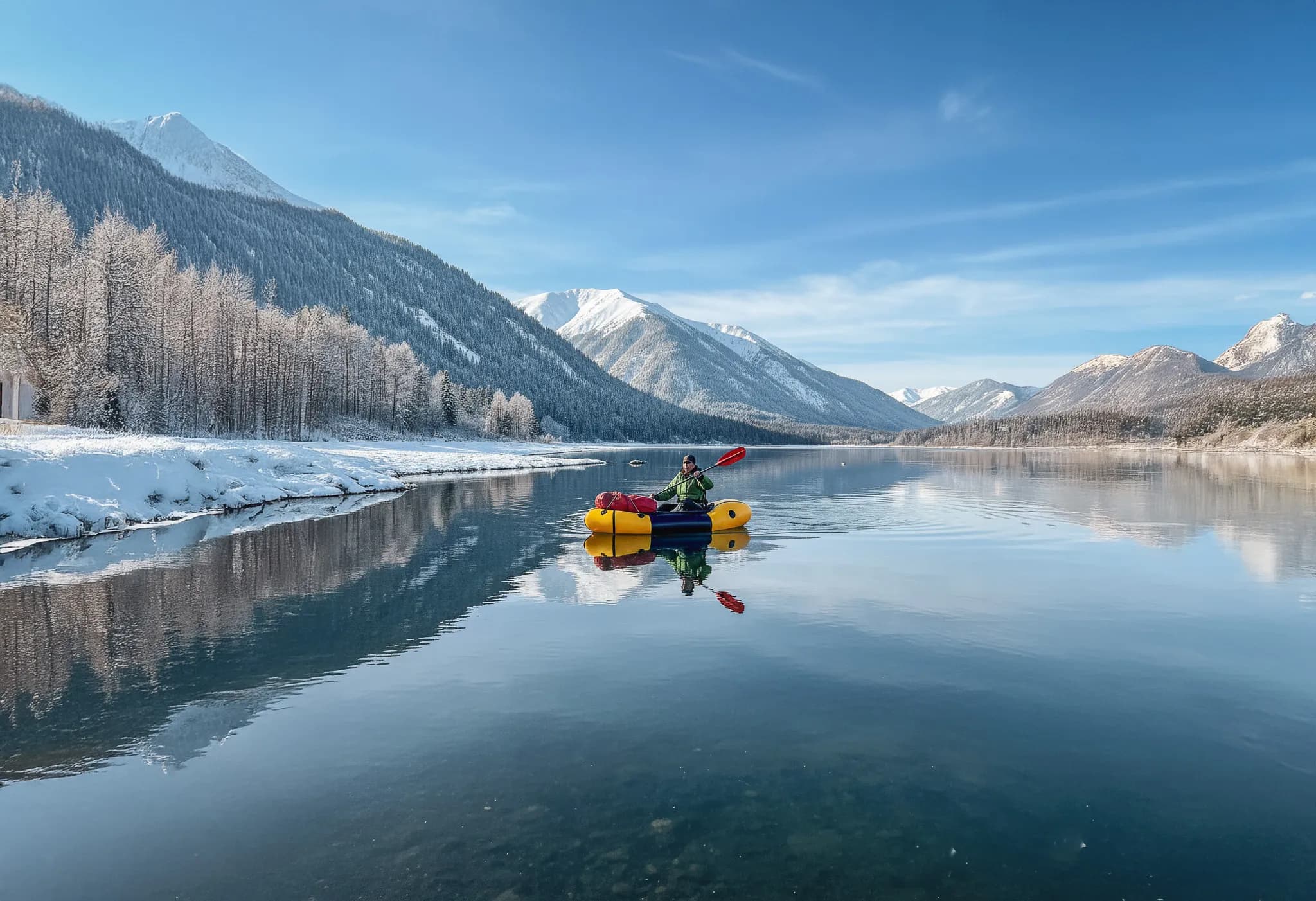Homme en packraft sur un lac gelé, entouré de montagnes enneigées et d'une nature paisible.