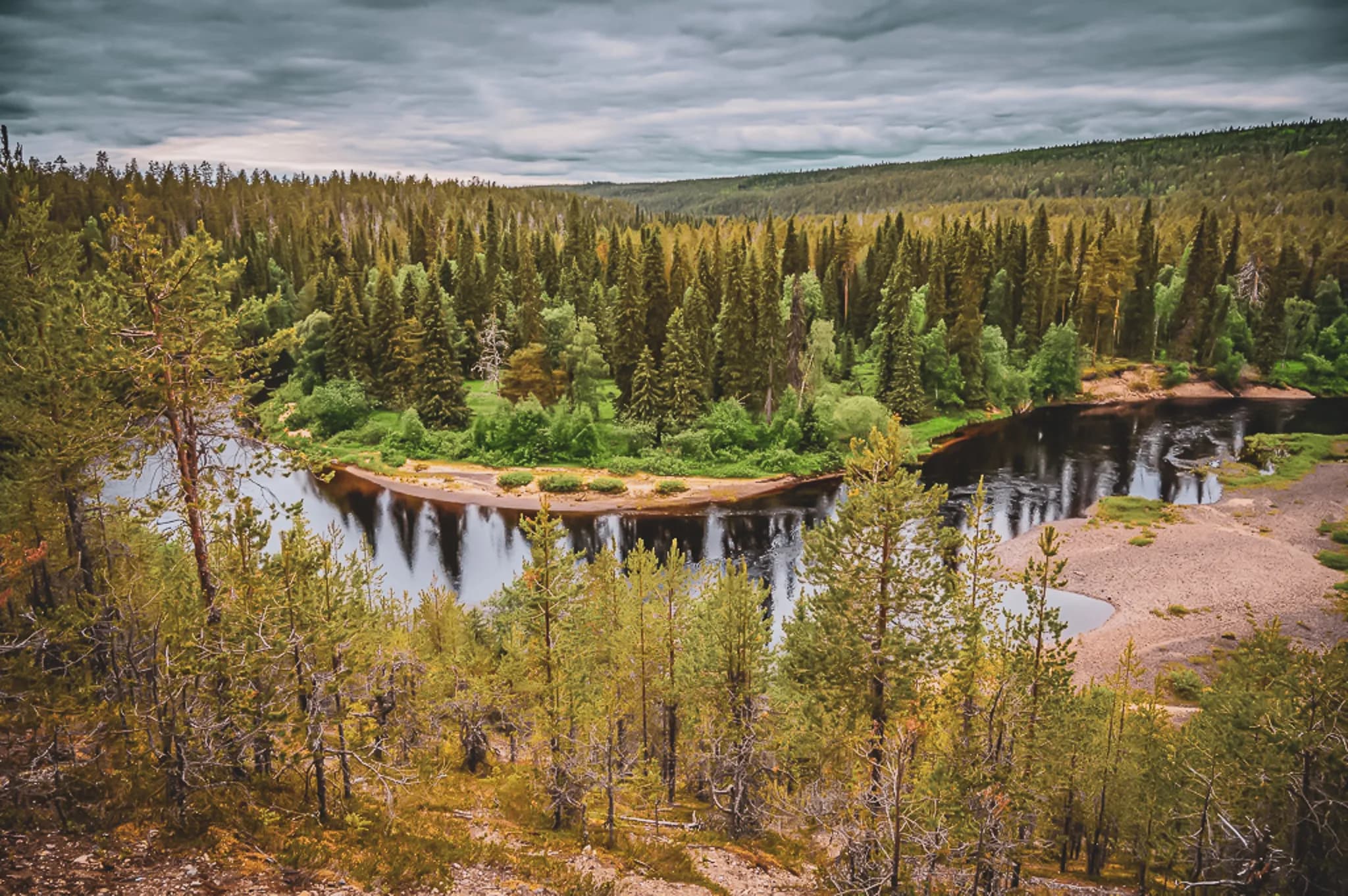 A lush natural landscape stretches out beneath a cloudy sky. A winding river, its waters dark and reflective, crosses the scene, surrounded by banks planted with trees. The conifers