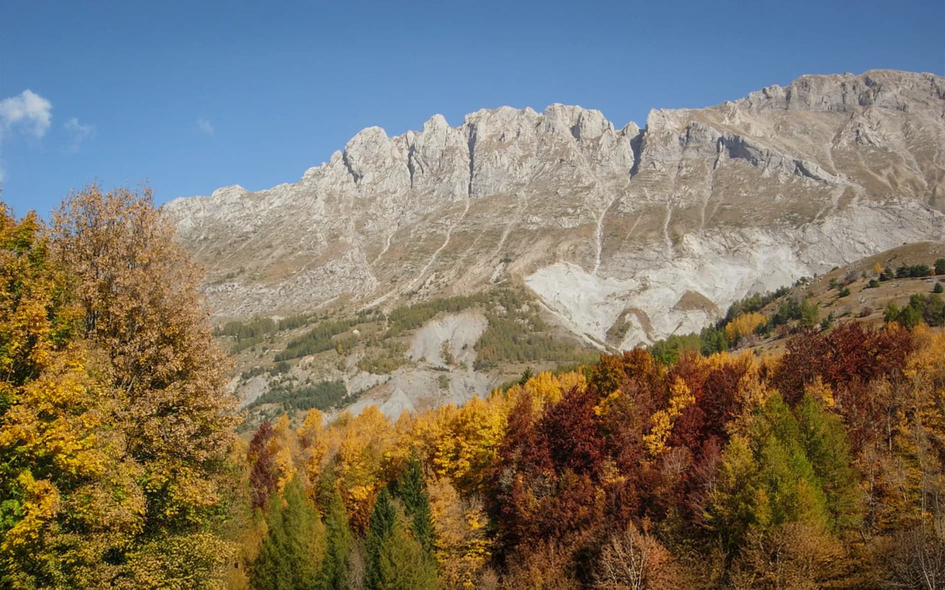 A mountain landscape generously lit by the sun, with impressive rocky peaks. In the foreground, a forest in autumnal colours of yellow, orange and red contrasts with the sky.