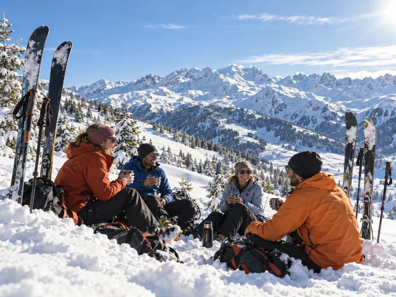 A group of skiers taking a break, surrounded by snow and mountains under a sunny sky.