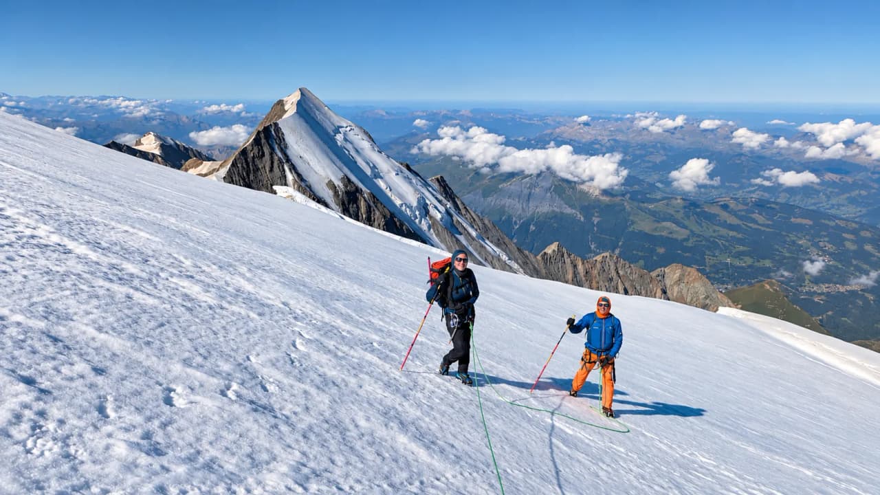 Deux alpinistes sur une neige immaculée, avec des sommets majestueux en arrière-plan. Évasion alpine!