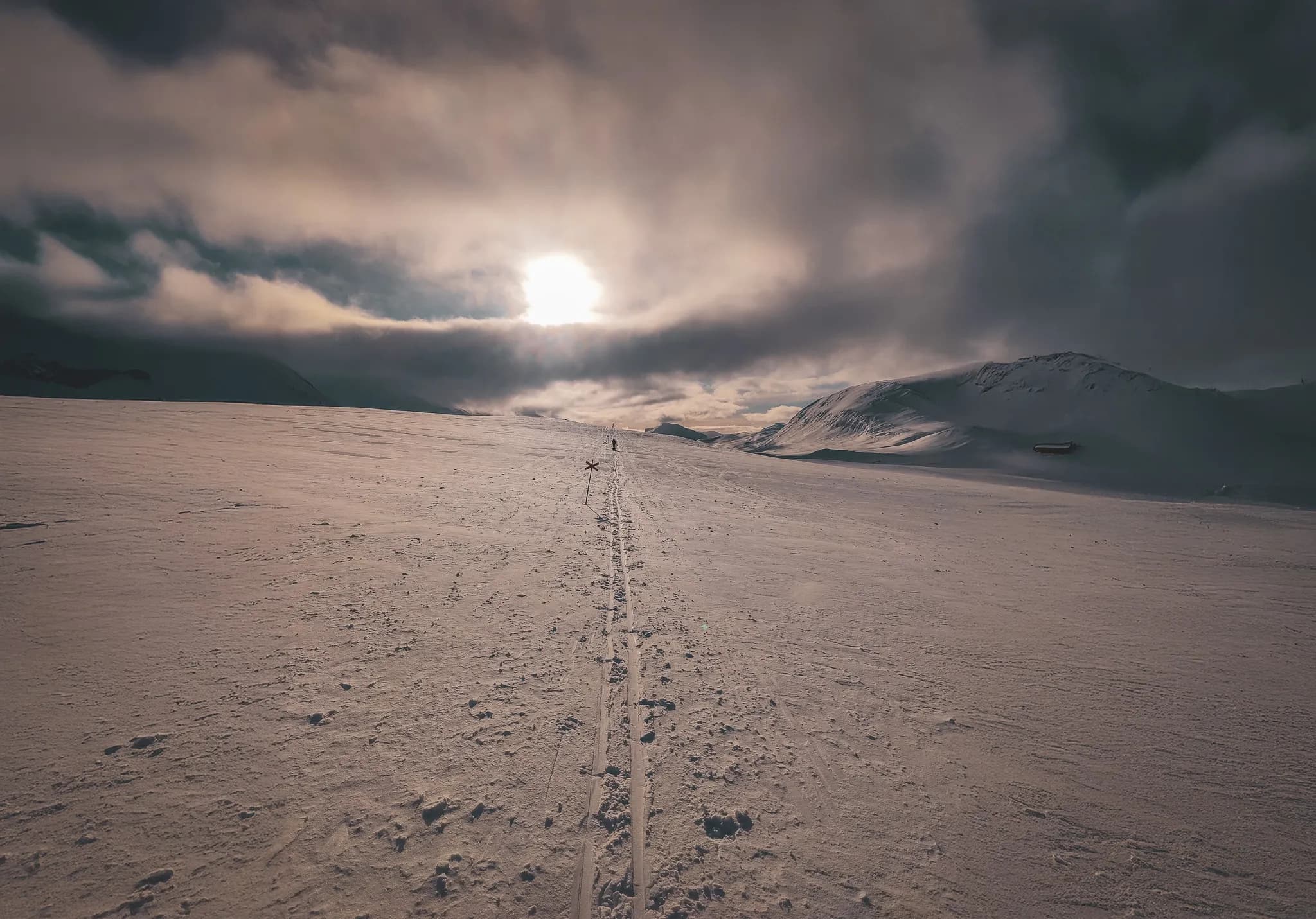 A snow-covered landscape stretches as far as the eye can see, with a thin ski track winding through the immaculate snow. In the distance, a silhouette takes shape, moving slowly towards a sun veiled by clouds.