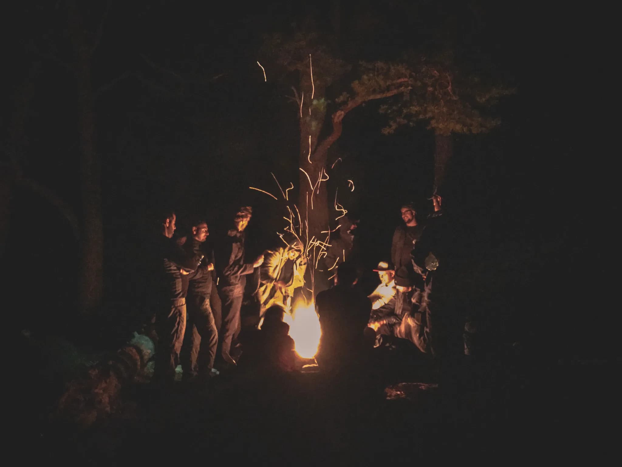 A group of people stand around a campfire in a dark forest. The flames light up their faces and create sparks in the air. The participants, dressed in dark clothing, seem to be enjoying a