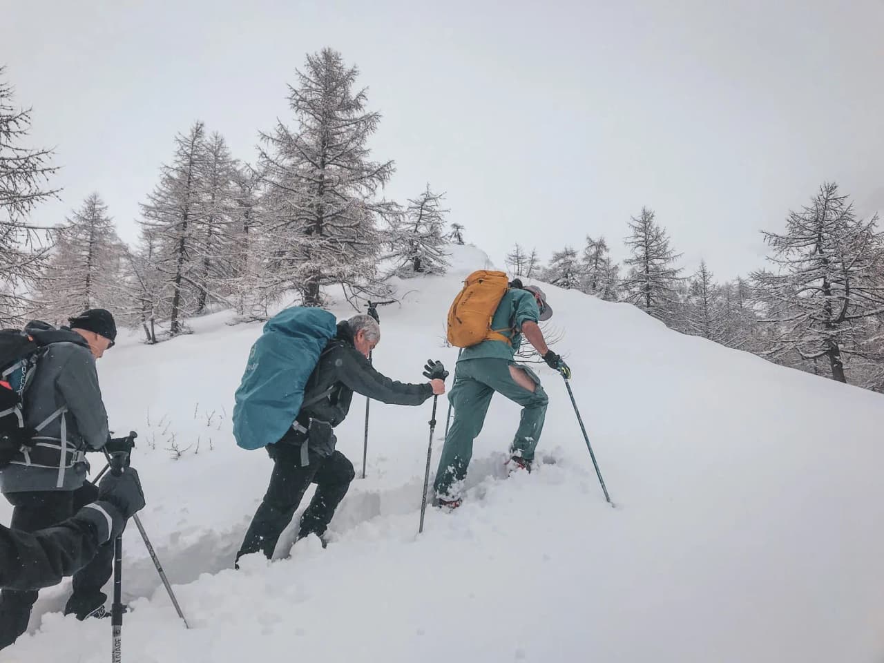 Groupe de randonneurs en raquettes dans la neige, sous un ciel brumeux, en pleine montagne.
