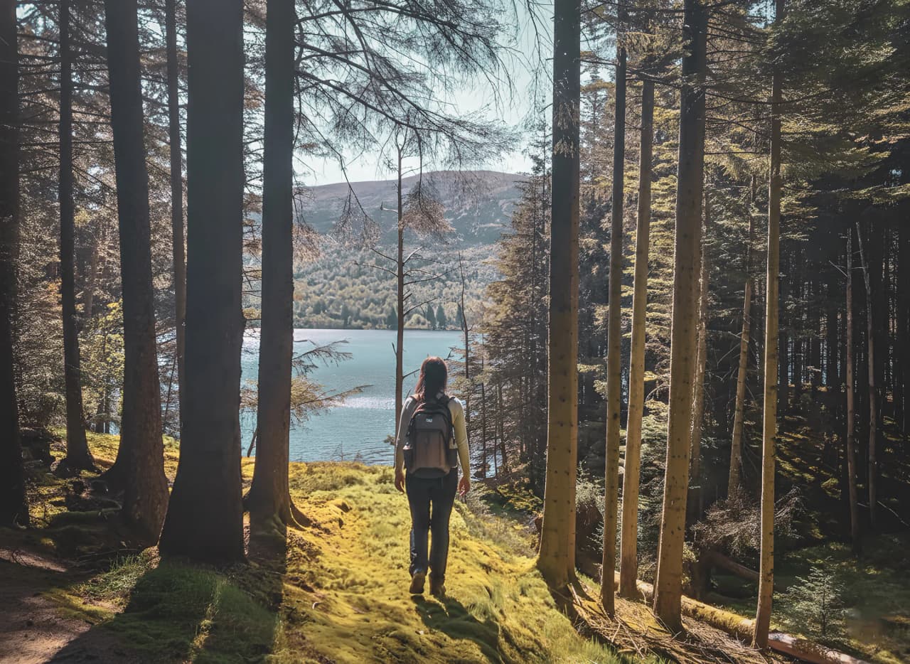 A walker on a green path beside the loch, surrounded by majestic trees.