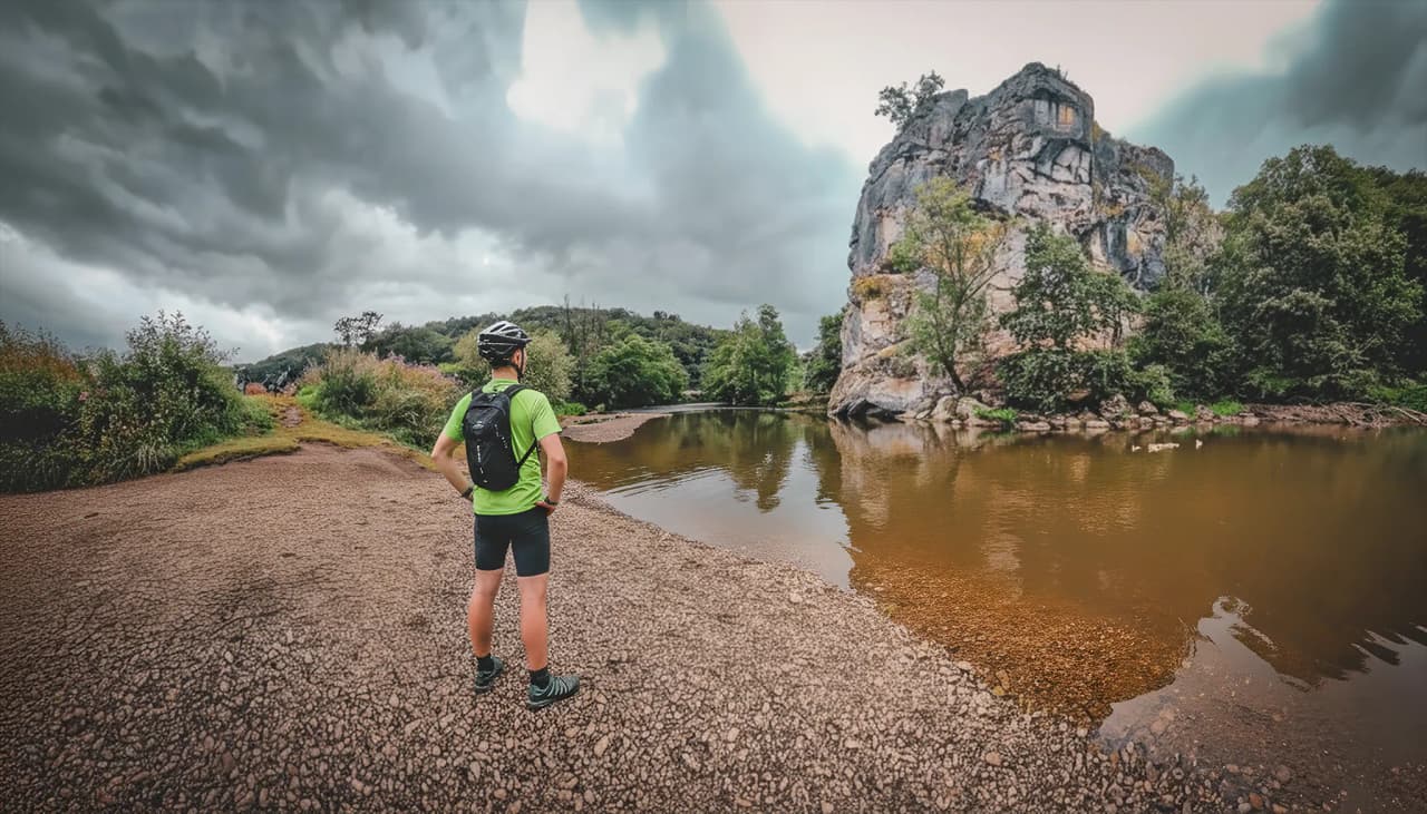 Un cycliste admire le paysage majestueux de la vallée de l’Ourthe, entre rochers et rivière.