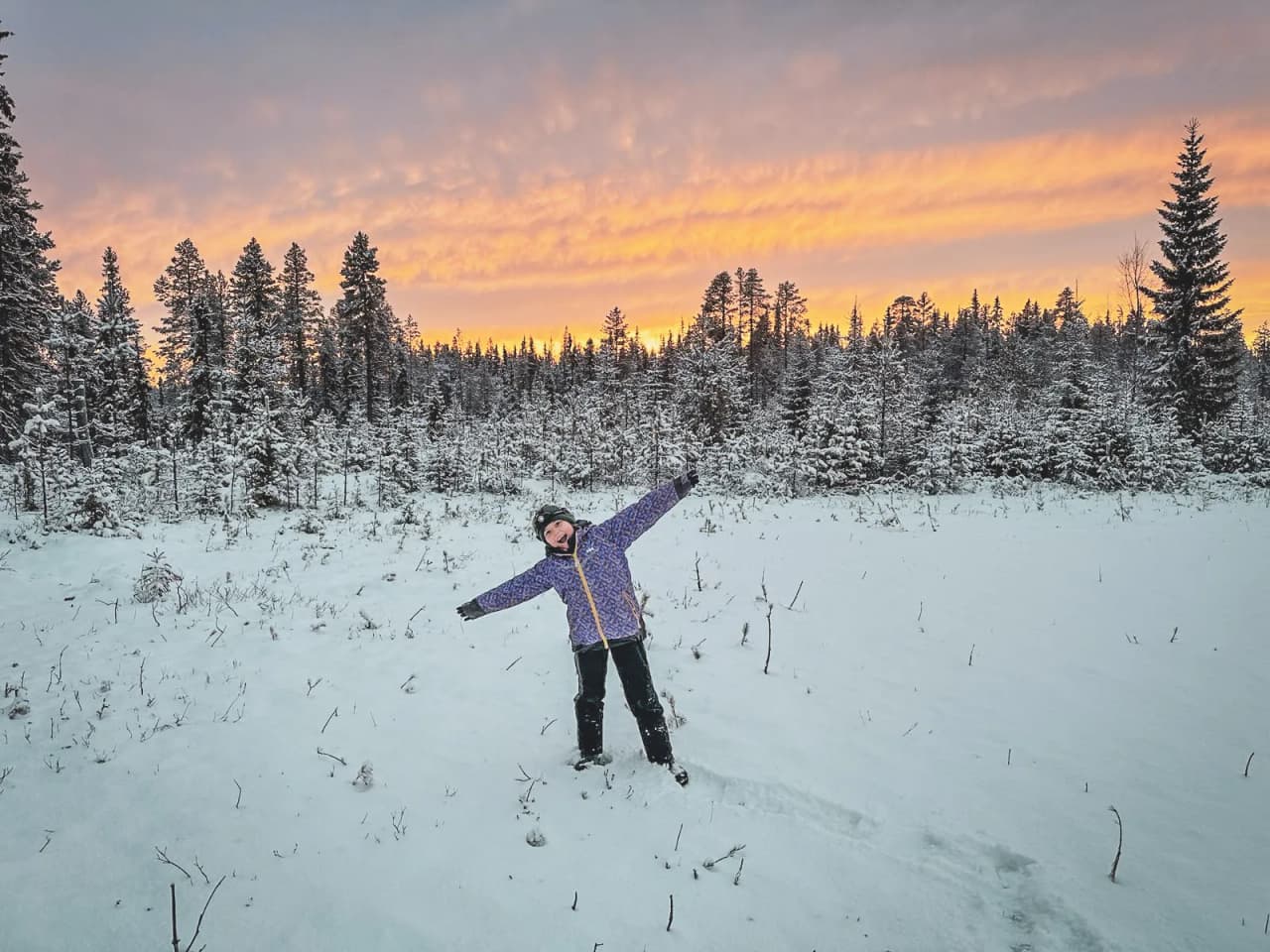 Jeune fille heureuse au milieu d'un paysage eneigé de Laponie