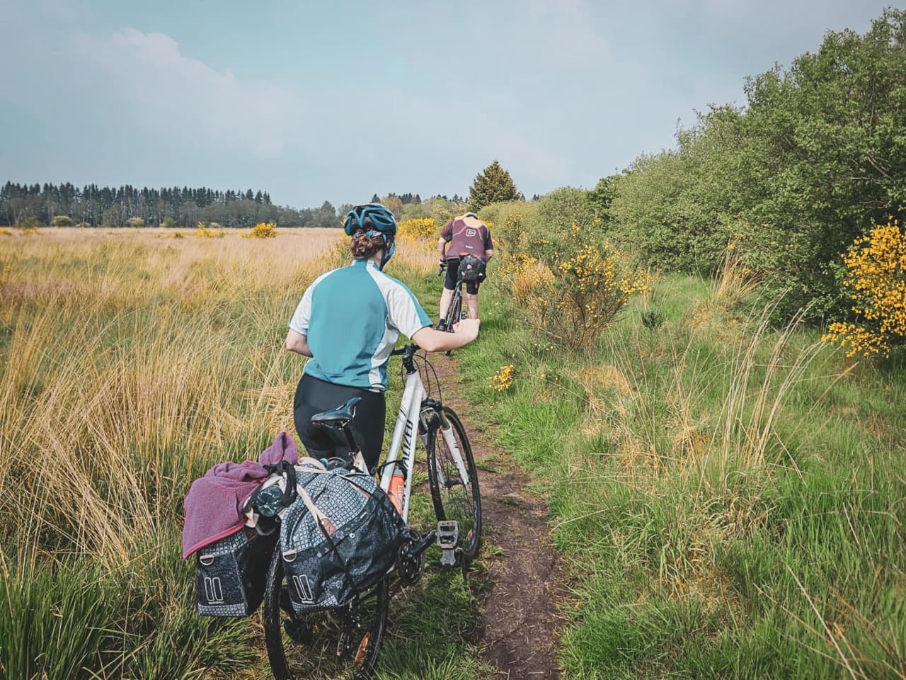 Deux cyclistes sur un sentier verdoyant des Hautes Fagnes, entourés de nature et de fleurs.
