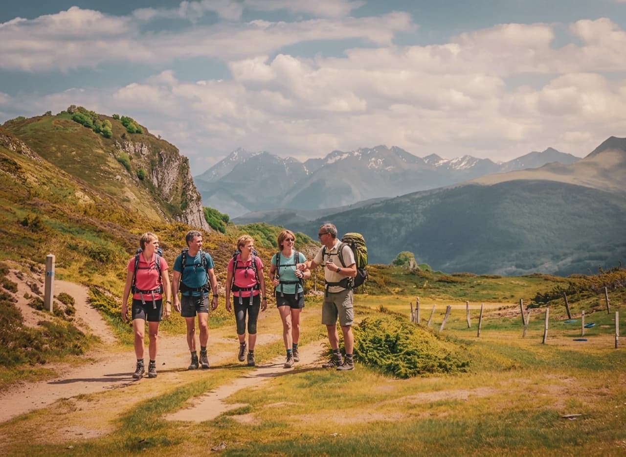 A group of hikers on a trail in the Pyrenees, surrounded by majestic mountain scenery.