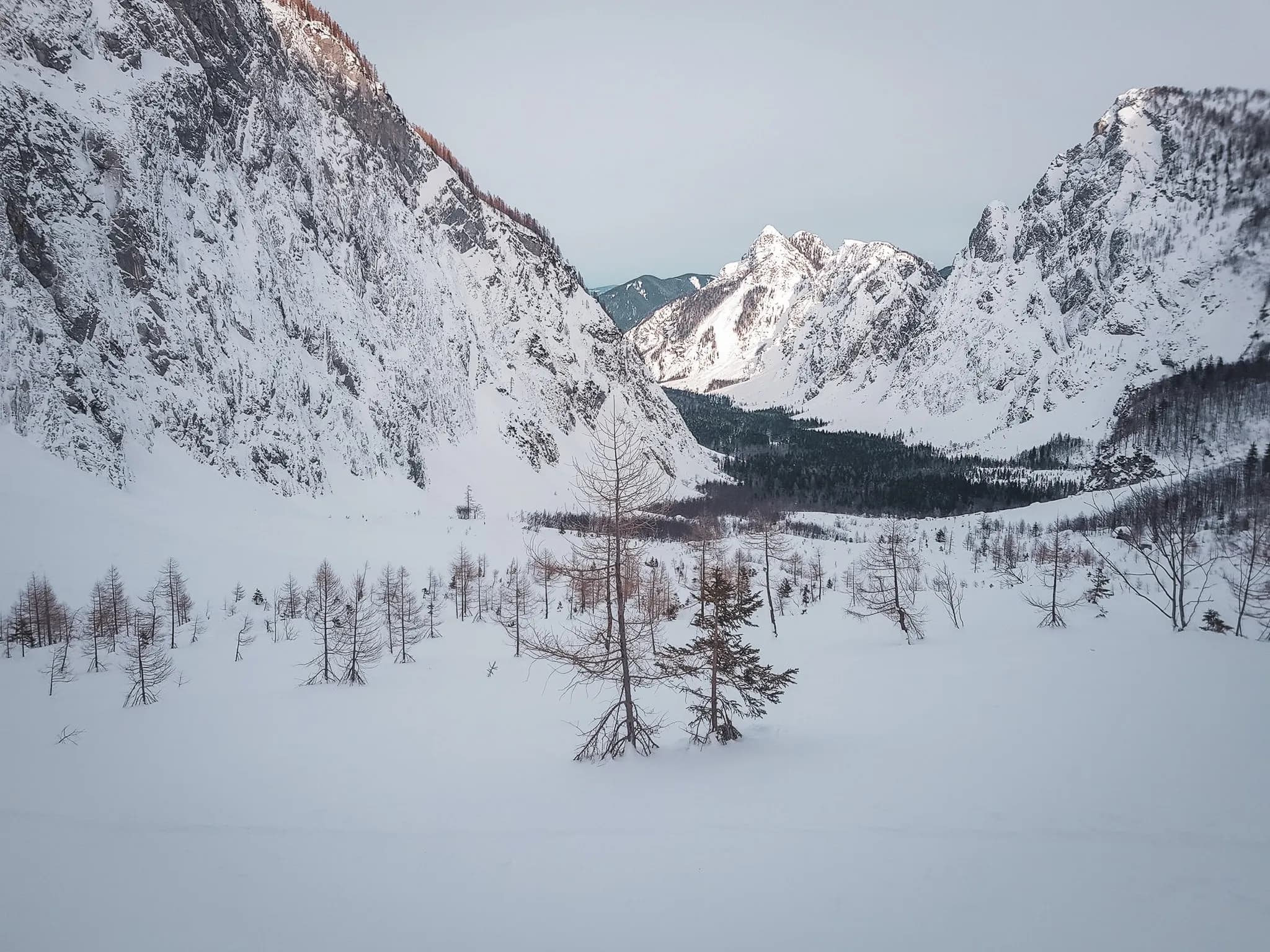 Une vallée enneigée entourée de majestueuses montagnes. Une invitation à l'aventure en pleine nature.