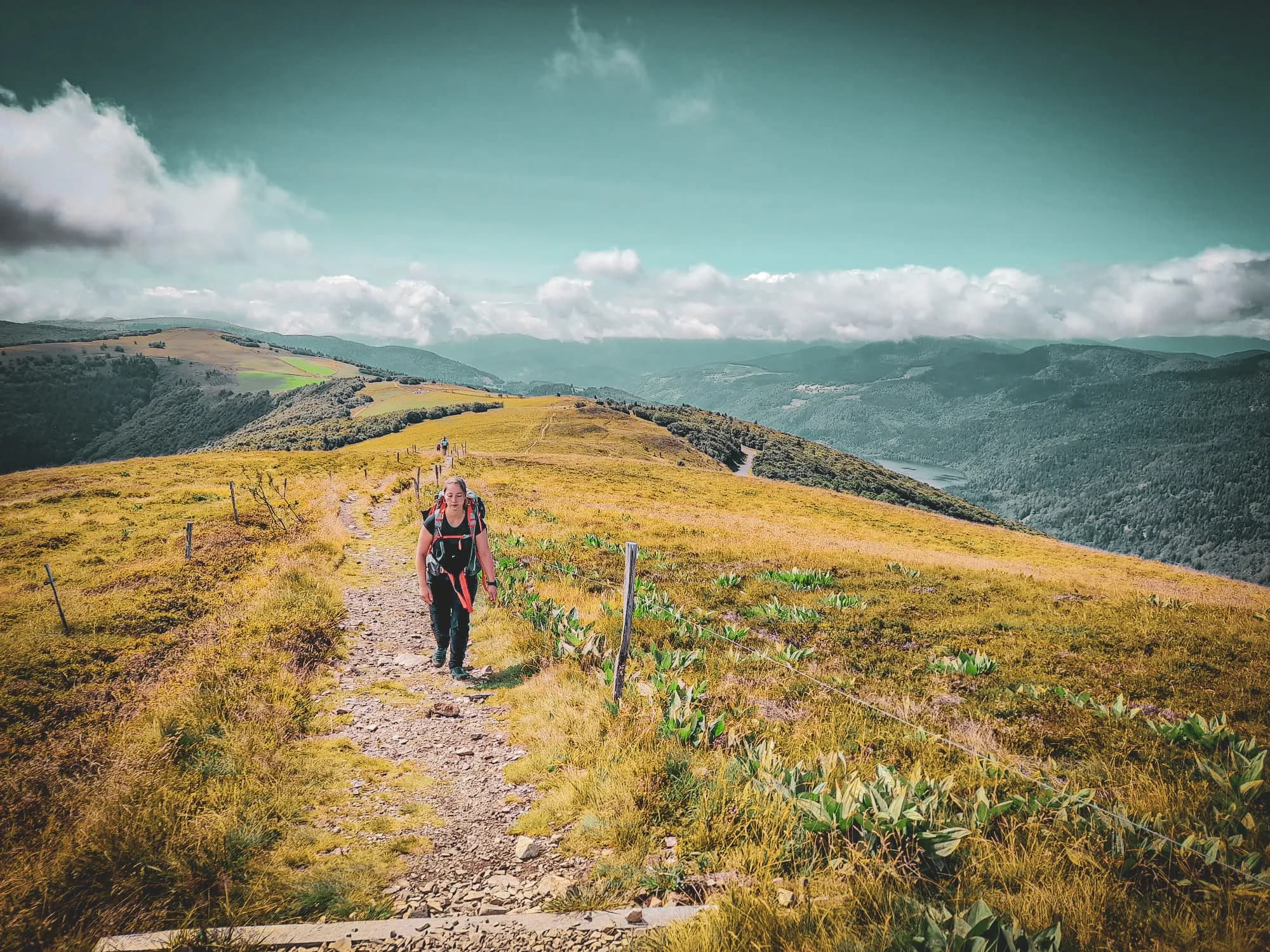 Un randonneur progresse sur un sentier de montagne, entouré de paysages verdoyants. Le chemin est bordé de piquets, et le sol est constitué de terre et de pierres. À l'arrière-plan, des collines