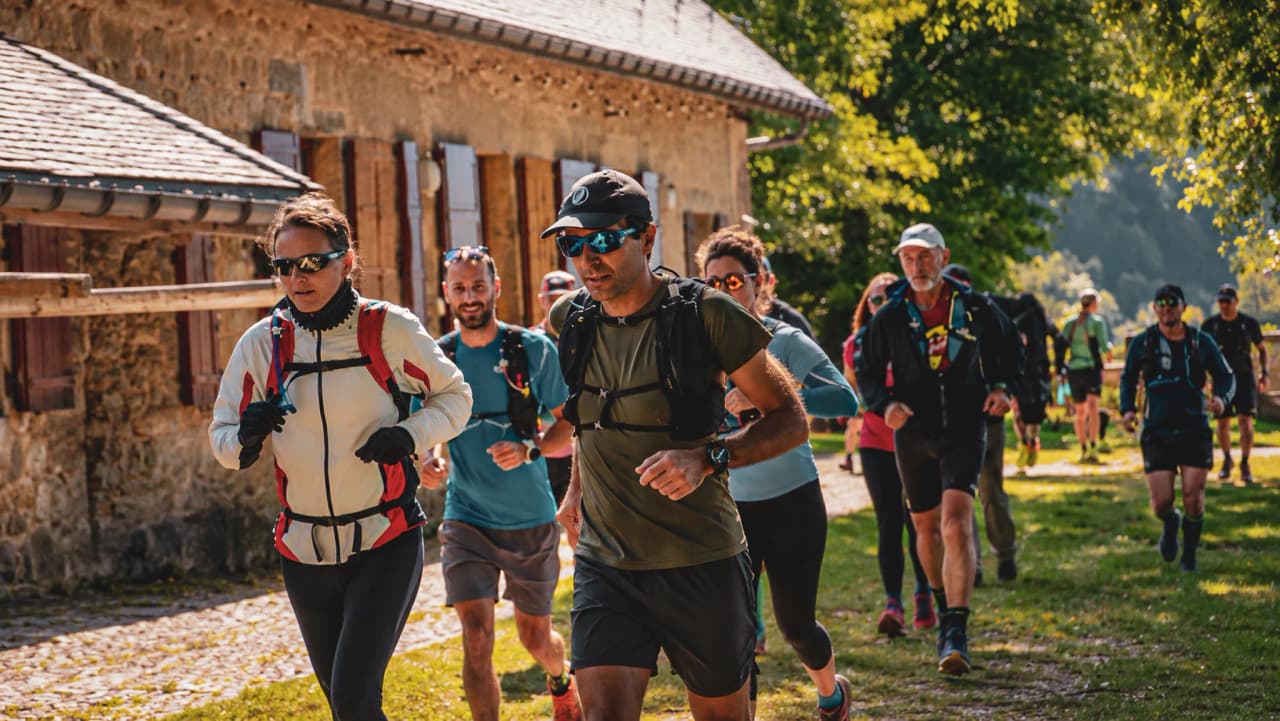 A dynamic group of runners set off along a sunny path surrounded by lush greenery.