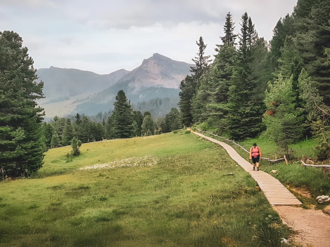 A leisurely walk along a wooden path, surrounded by lush green landscapes and majestic mountains.