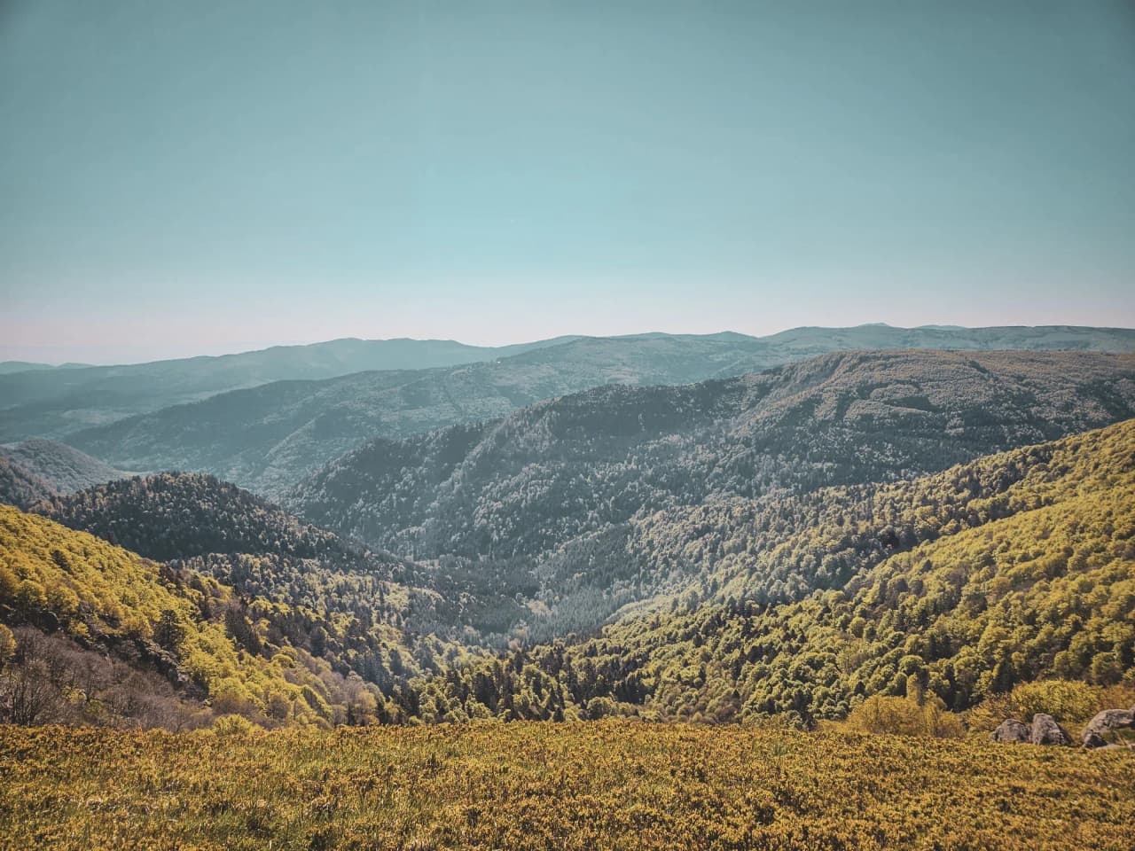 Panorama splendide des Vosges, entre montagnes verdoyantes et ciel clair. Évasion nature garantie!