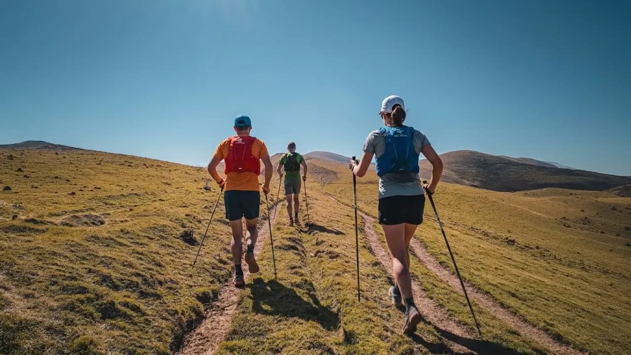 Drie wandelaars in het hart van de natuur, groene heuvels beklimmend onder een blauwe hemel.
