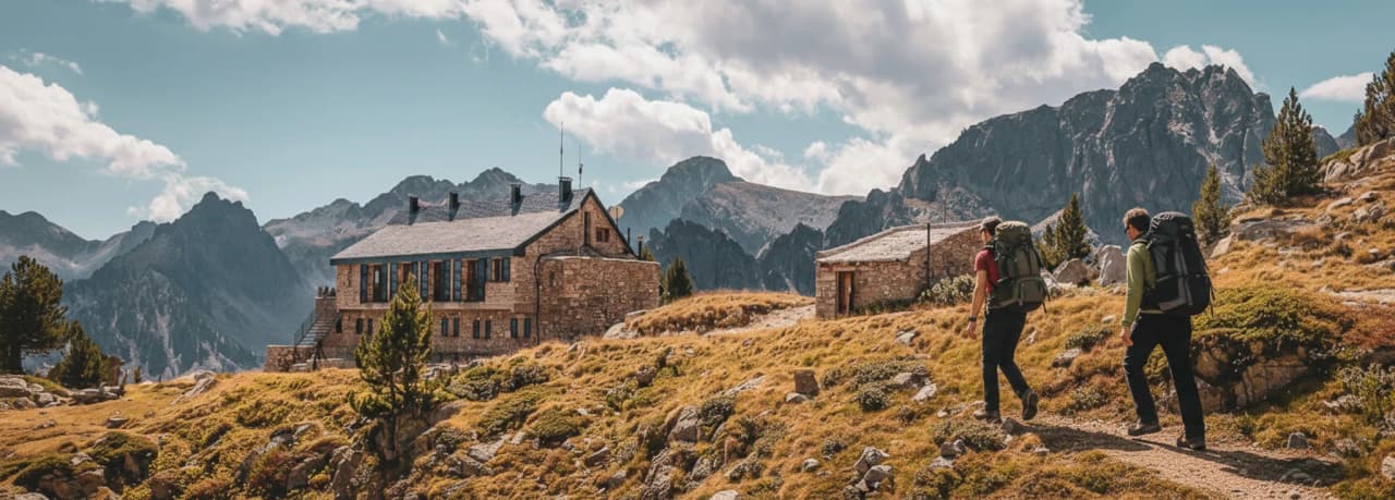 Two hikers make their way to a stone Mountain hut, surrounded by majestic mountains.