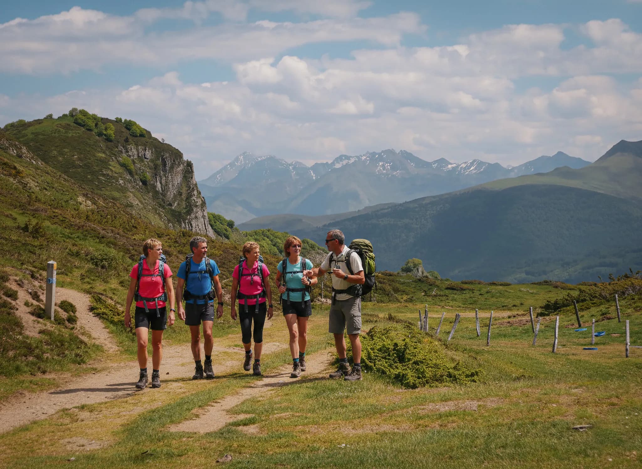 Un groupe de randonneurs dans les Pyrénées, entouré de paysages verdoyants et de montagnes majestueuses.