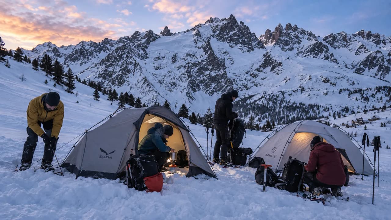 Sneeuwtenten bij schemering, met uitzicht op het Écrins-massief, nodigen uit tot een winteravontuur.