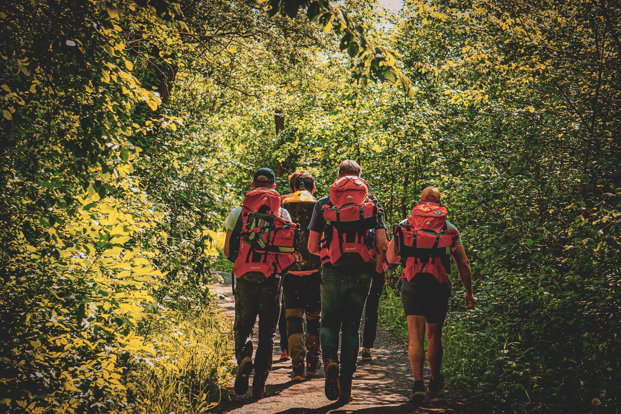 Groupe de randonneurs en packraft, explorant la nature luxuriante à travers un sentier verdoyant.