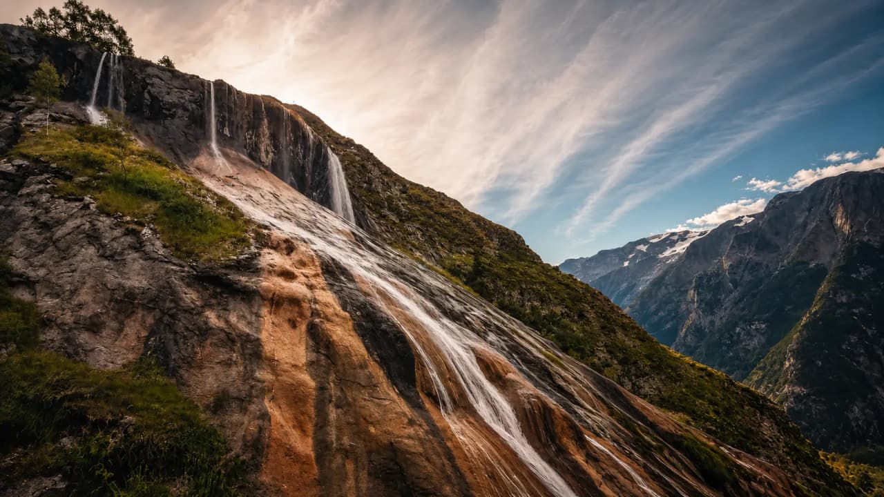 Chutes d'eau majestueuses sur un paysage alpin, invitant à l'aventure et à l'émerveillement.