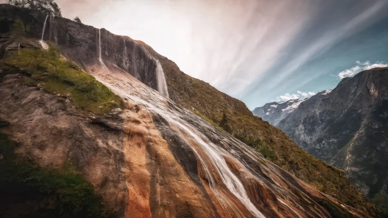 Chutes d'eau majestueuses sur un paysage alpin, invitant à l'aventure et à l'émerveillement.
