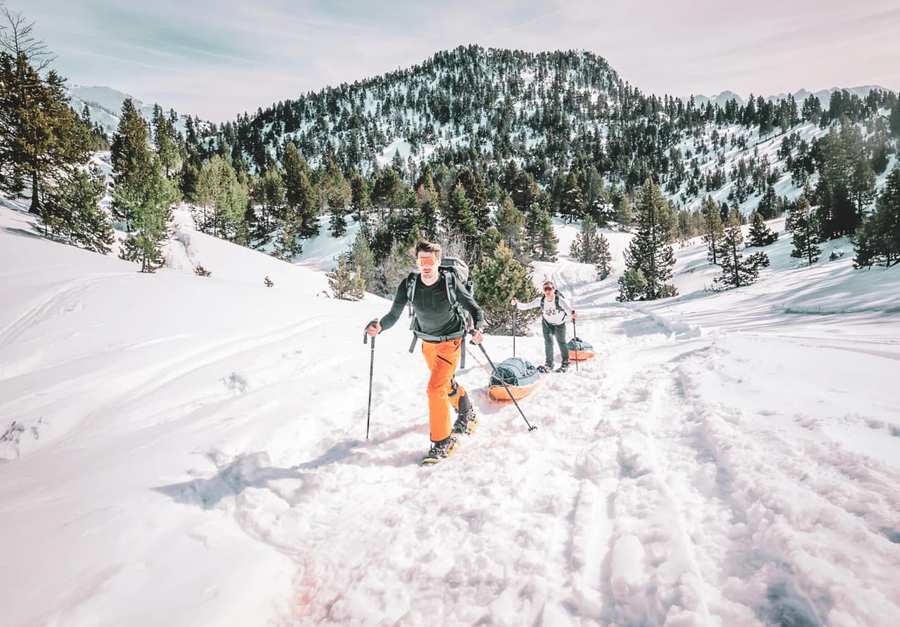 Deux aventuriers en raquettes s'enfoncent dans un paysage enneigé, entourés de sapins.