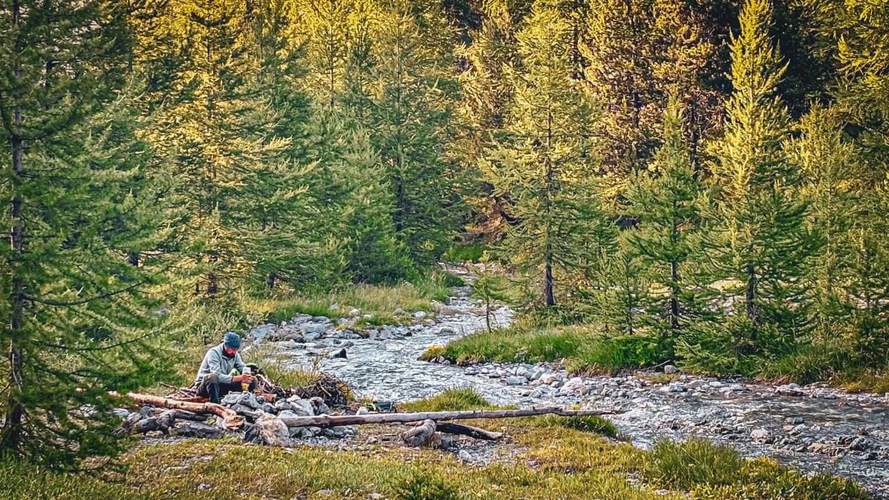 Un aventurier assis au bord d'un ruisseau entouré de sapins majestueux, un véritable havre de paix.