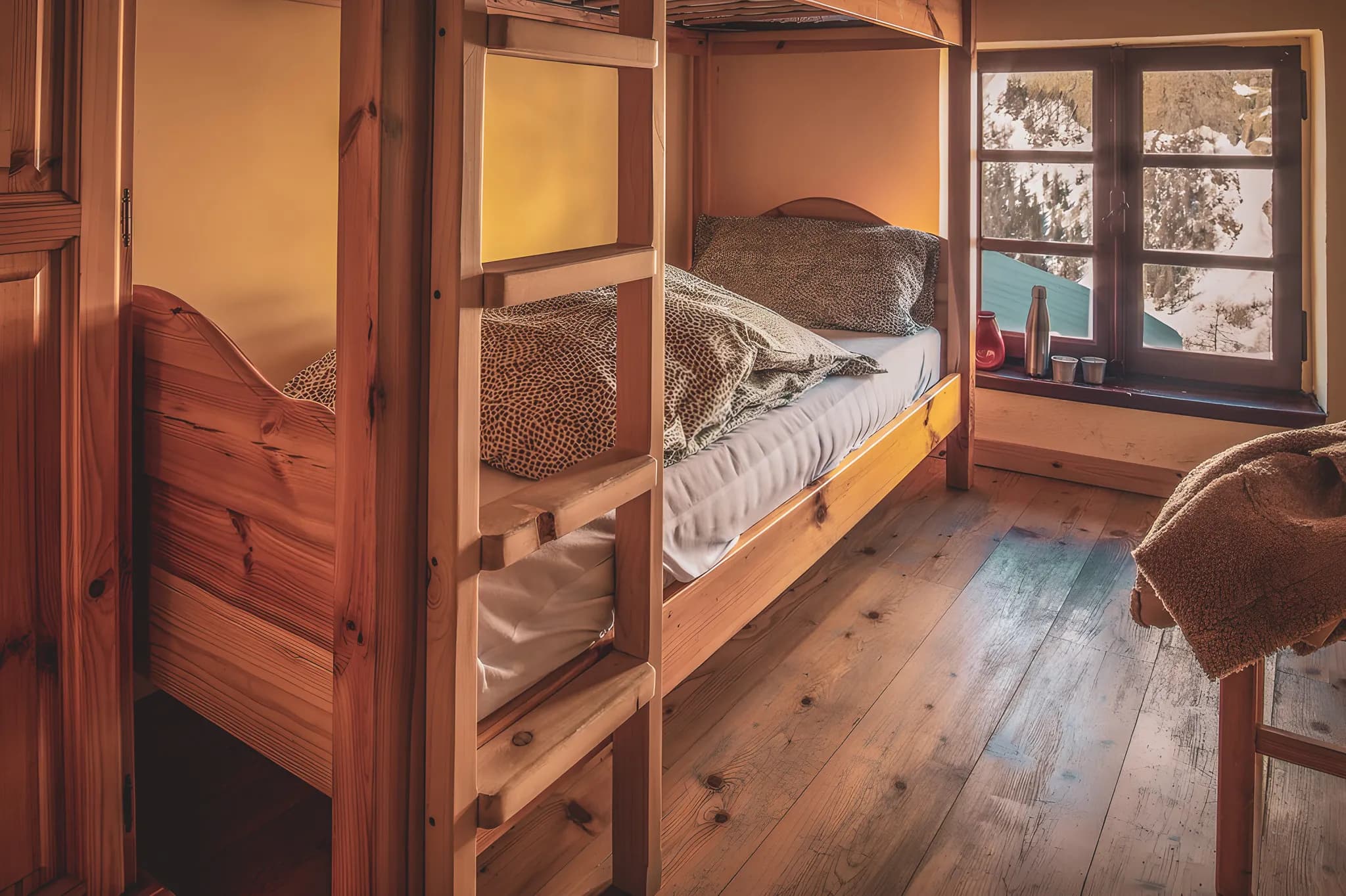 Un dortoir chaleureux en bois avec des lits superposés et une vue imprenable sur la montagne.