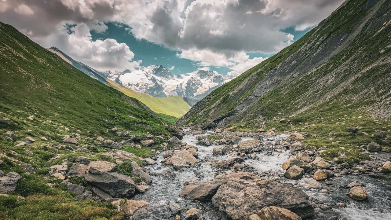 Un vallon verdoyant avec un ruisseau cristallin et des sommets enneigés en arrière-plan.