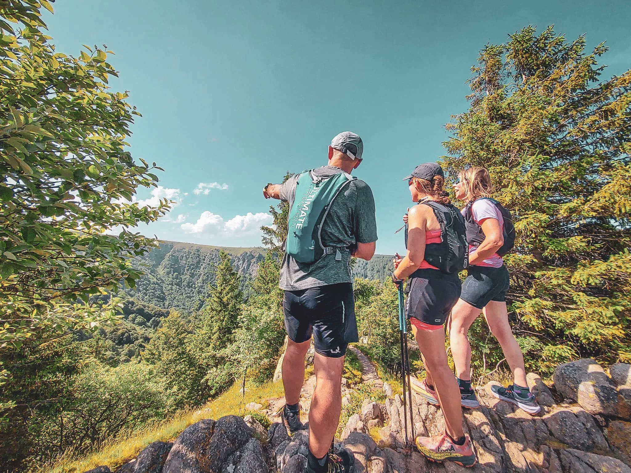 Three hikers admire the lush green landscape of the Vosges, ready for a wilderness adventure.