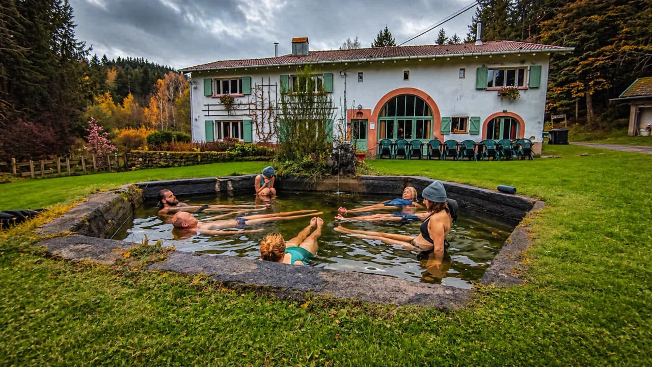 Six people relax in a Nordic bath, surrounded by nature and a charming house.