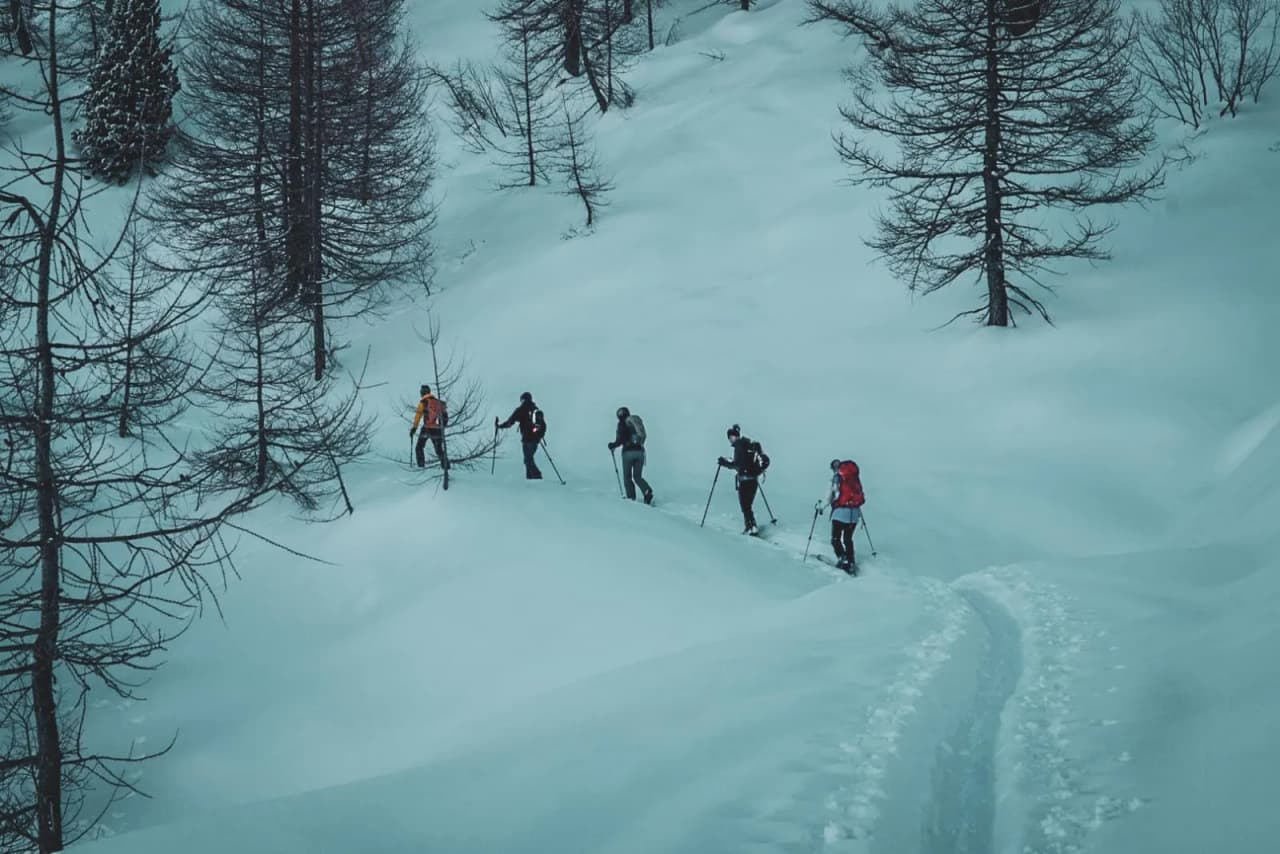 Groupe de randonneurs dans un paysage d'hiver enchanteur, explorant les Alpes enneigées.
