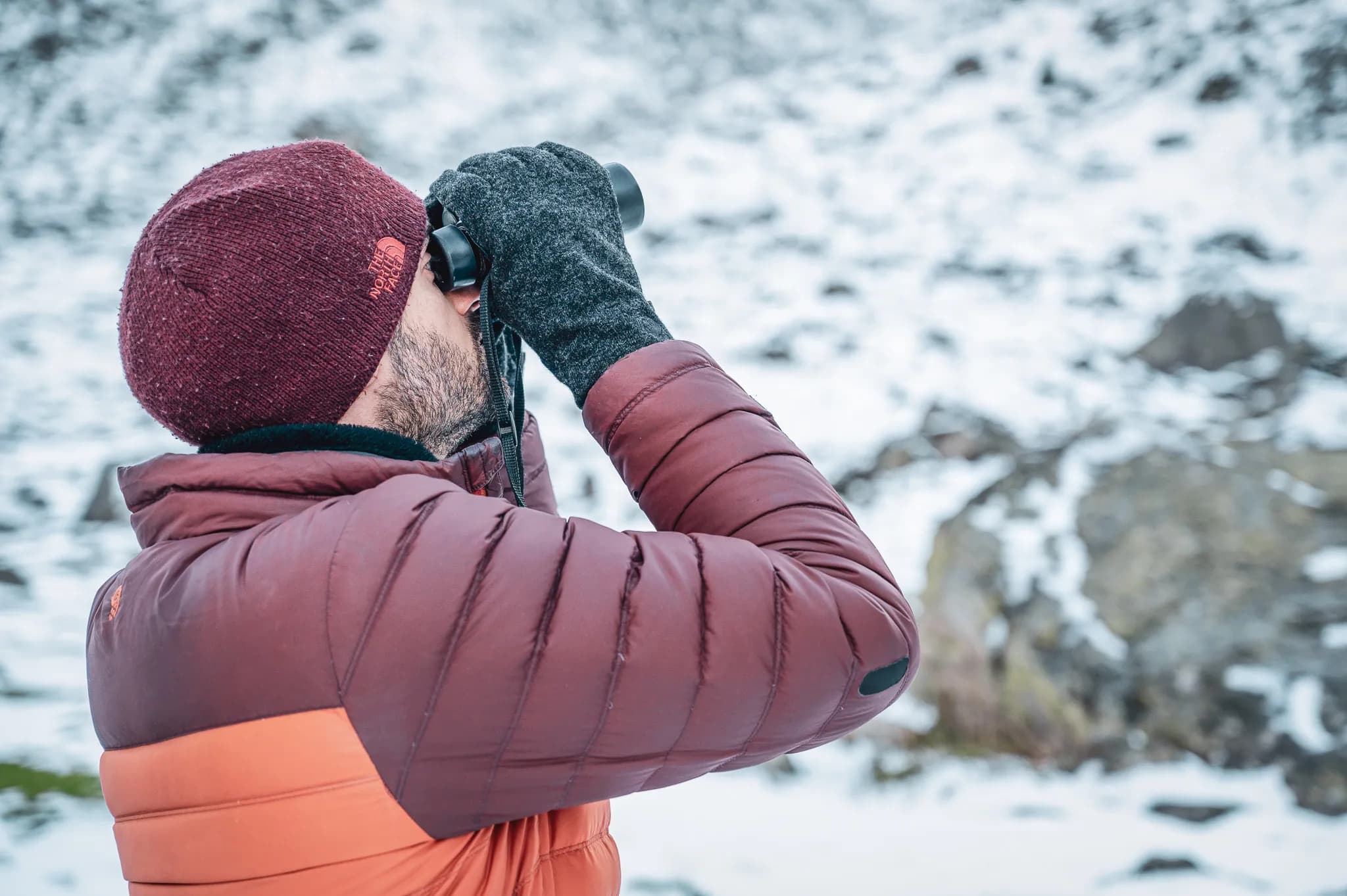 A hiker observes the snow-covered landscape of the Pyrenees through binoculars, the dream of wildlife.