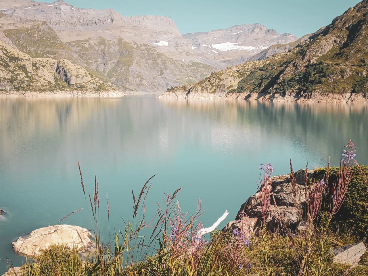 Lac paisible entouré de montagnes majestueuses et de fleurs sauvages. Évasion en pleine nature.