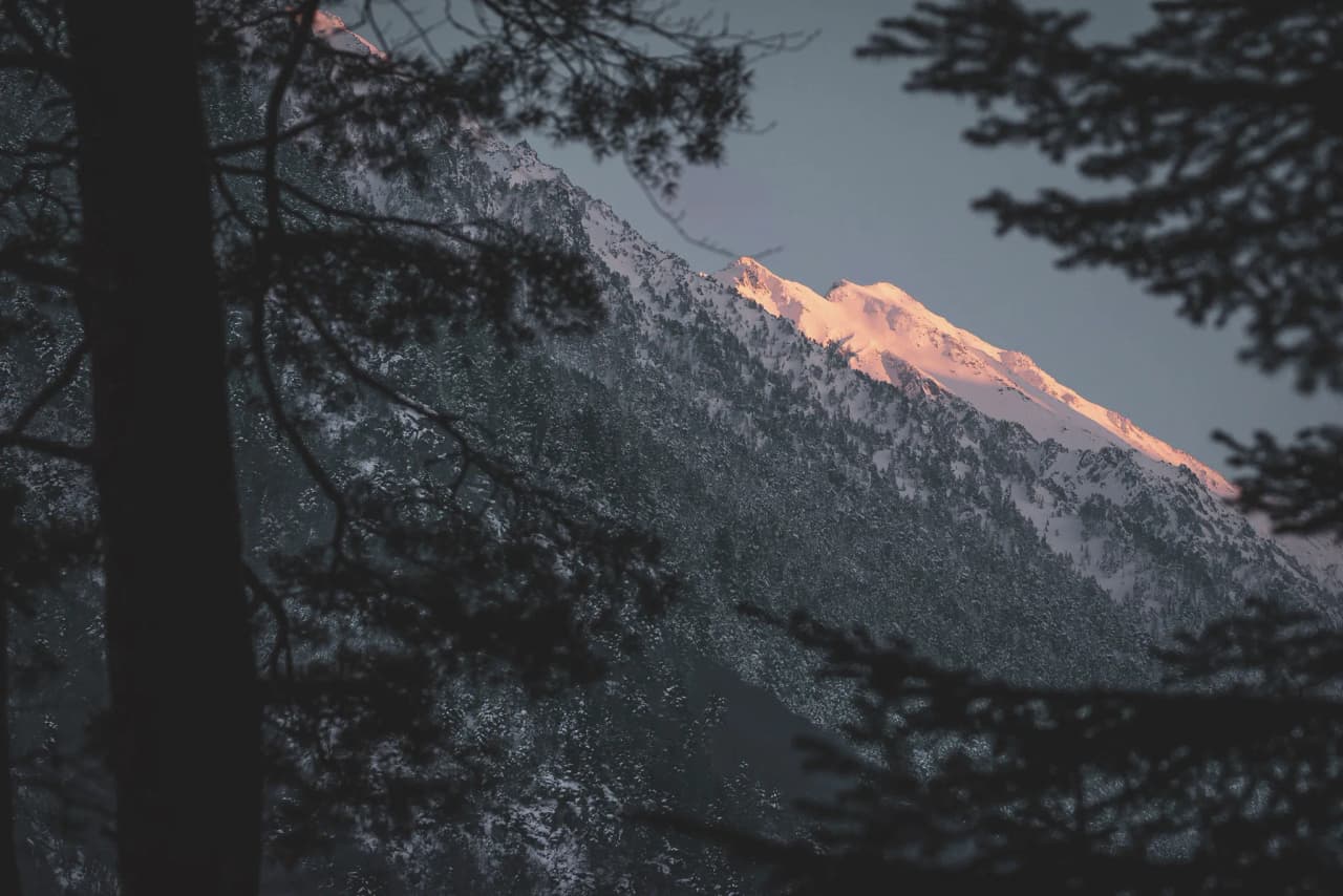 A mountain slope covered in snow at dusk, surrounded by dark forests. Escape to the heart of nature.