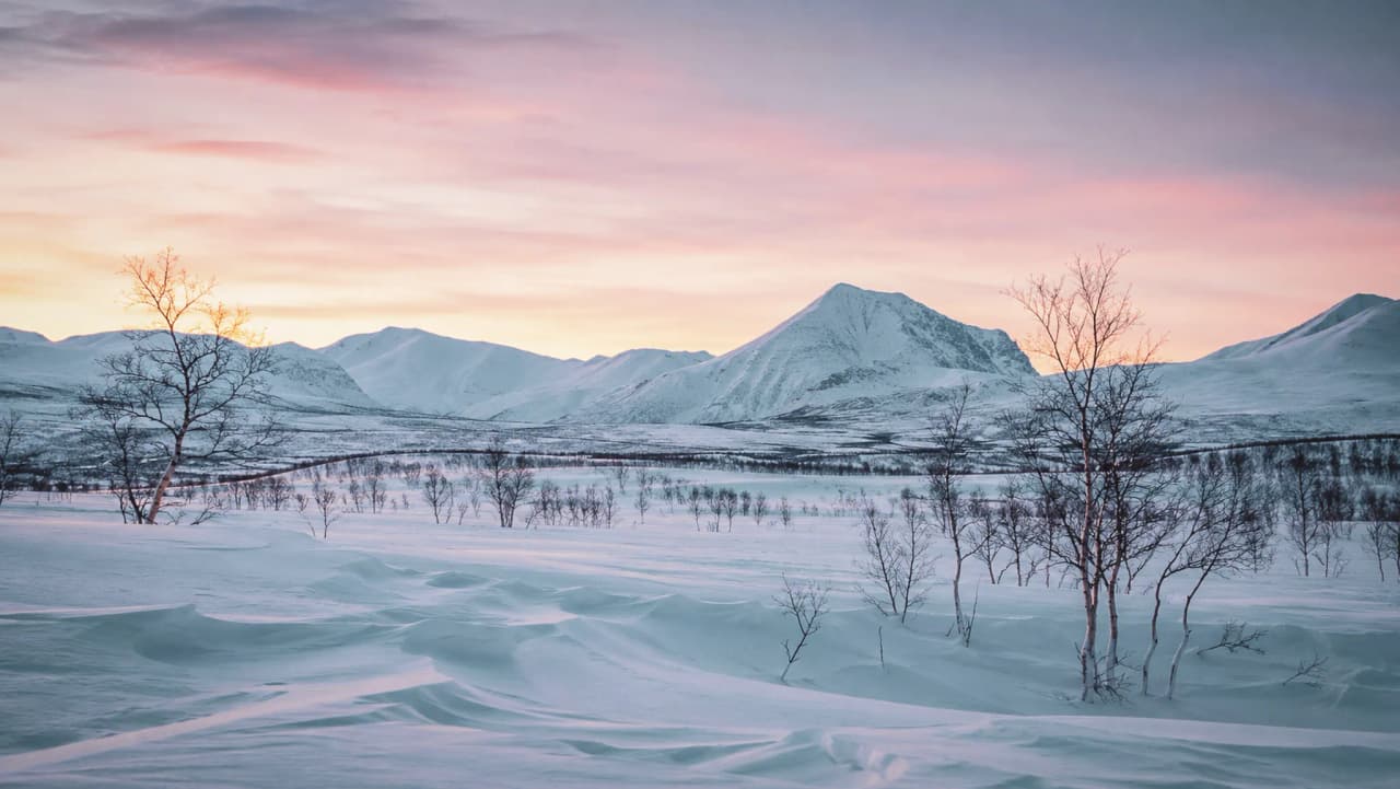 Een besneeuwd landschap in Noors Lapland bij schemering, met majestueuze bergen en sierlijke bomen.