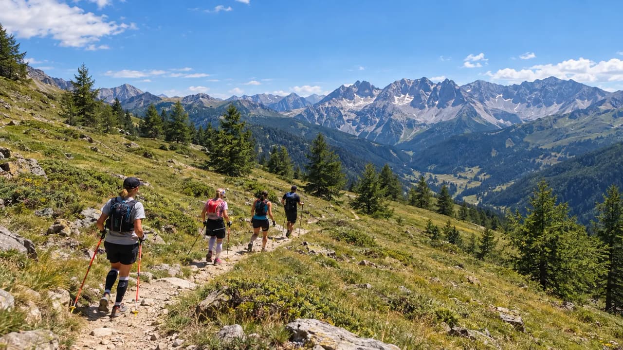Een groep bergwandelaars, omringd door de majestueuze landschappen van de Queyras onder een blauwe hemel.