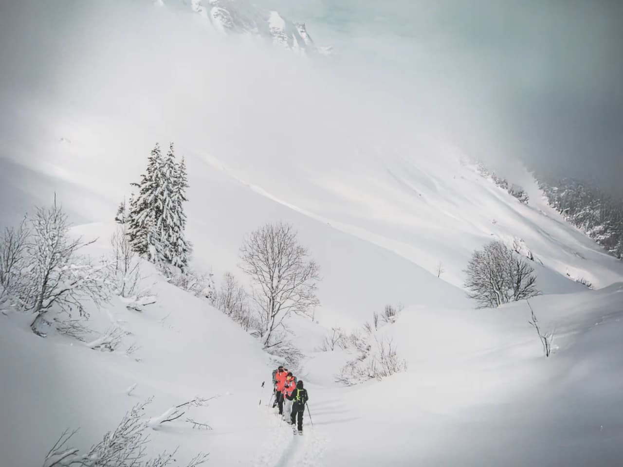 Sneeuwschoenwandelaars banen zich een weg door het majestueuze besneeuwde landschap van de Clarée-vallei.