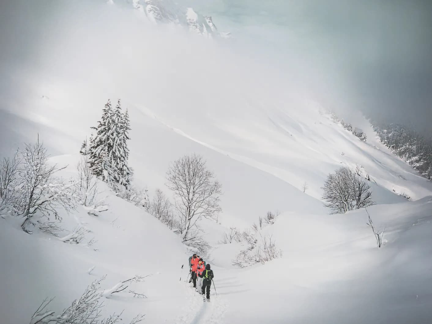 Snowshoe hikers make their way through the majestic snow-covered landscape of the Clarée valley.