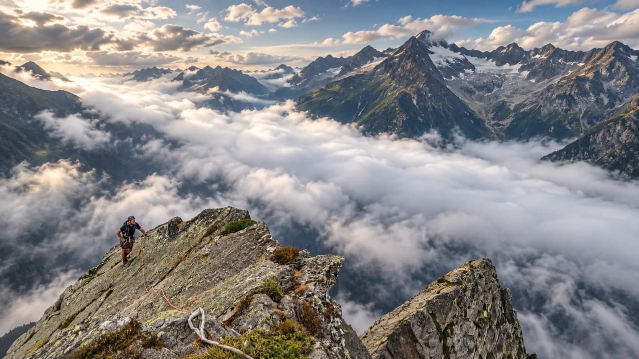 Een bergbeklimmer die een bergkam beklimt, met majestueuze bergen en wolken onder zich.