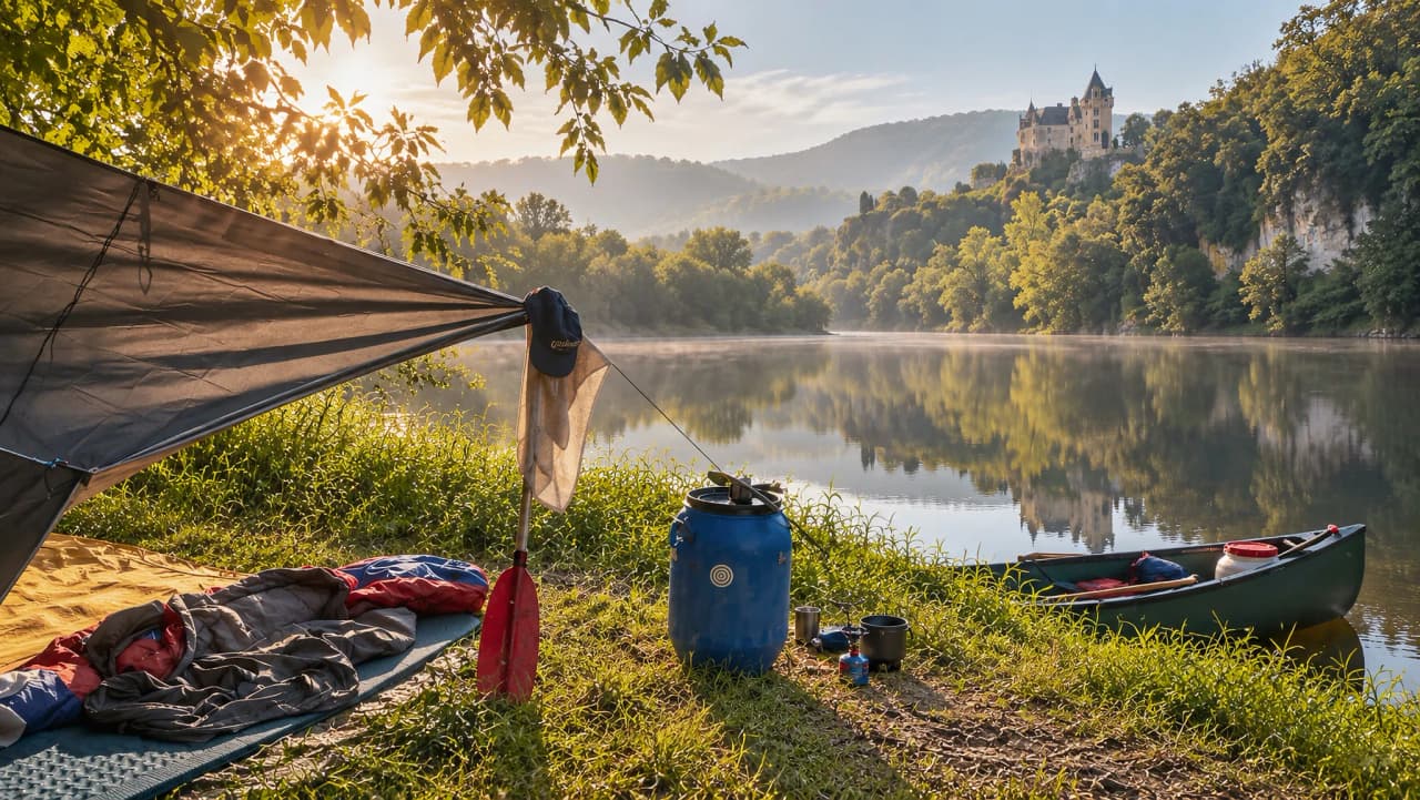 Canoë au bord de la Dordogne, bivouac tranquille, château en toile de fond, ambiance paisible.
