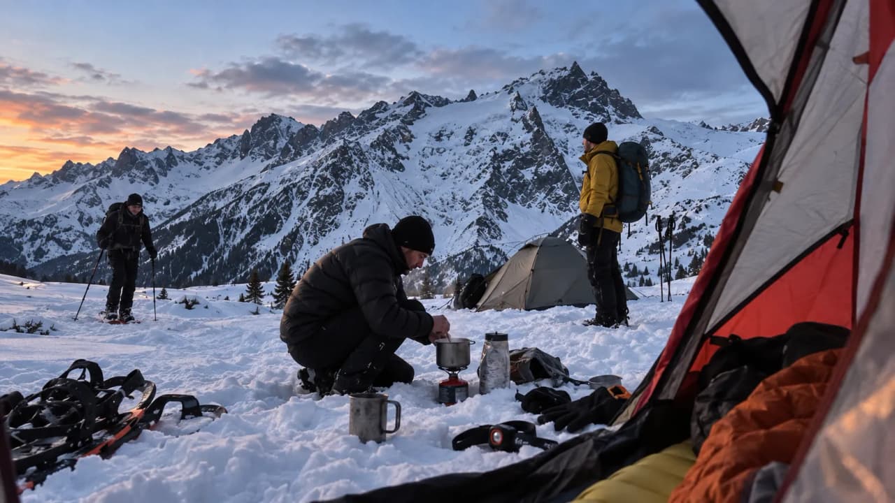 Alpine winterkampeertocht met sneeuwschoenen, tent en majestueuze vergezichten op het Écrins-massief.