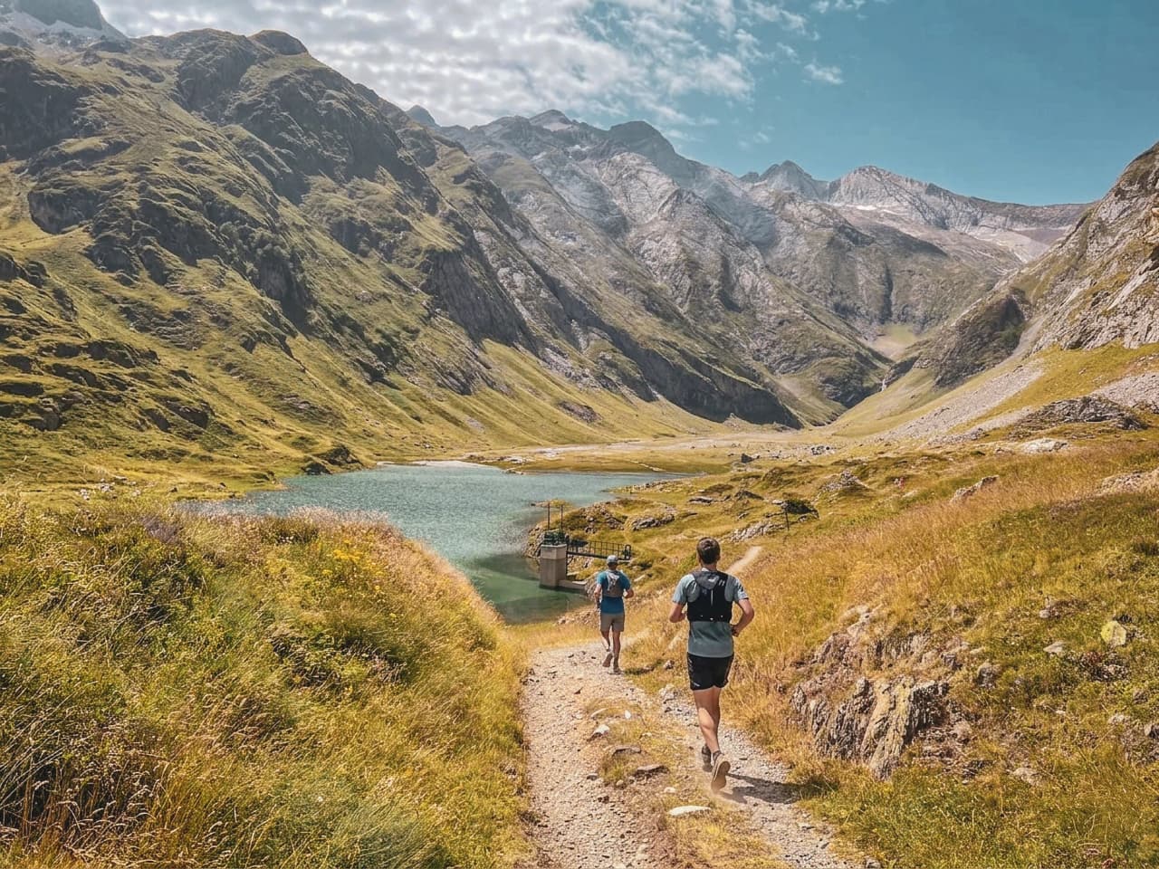Coureurs sur un sentier pittoresque des Pyrénées, entourés de montagnes et de verdure luxuriante.