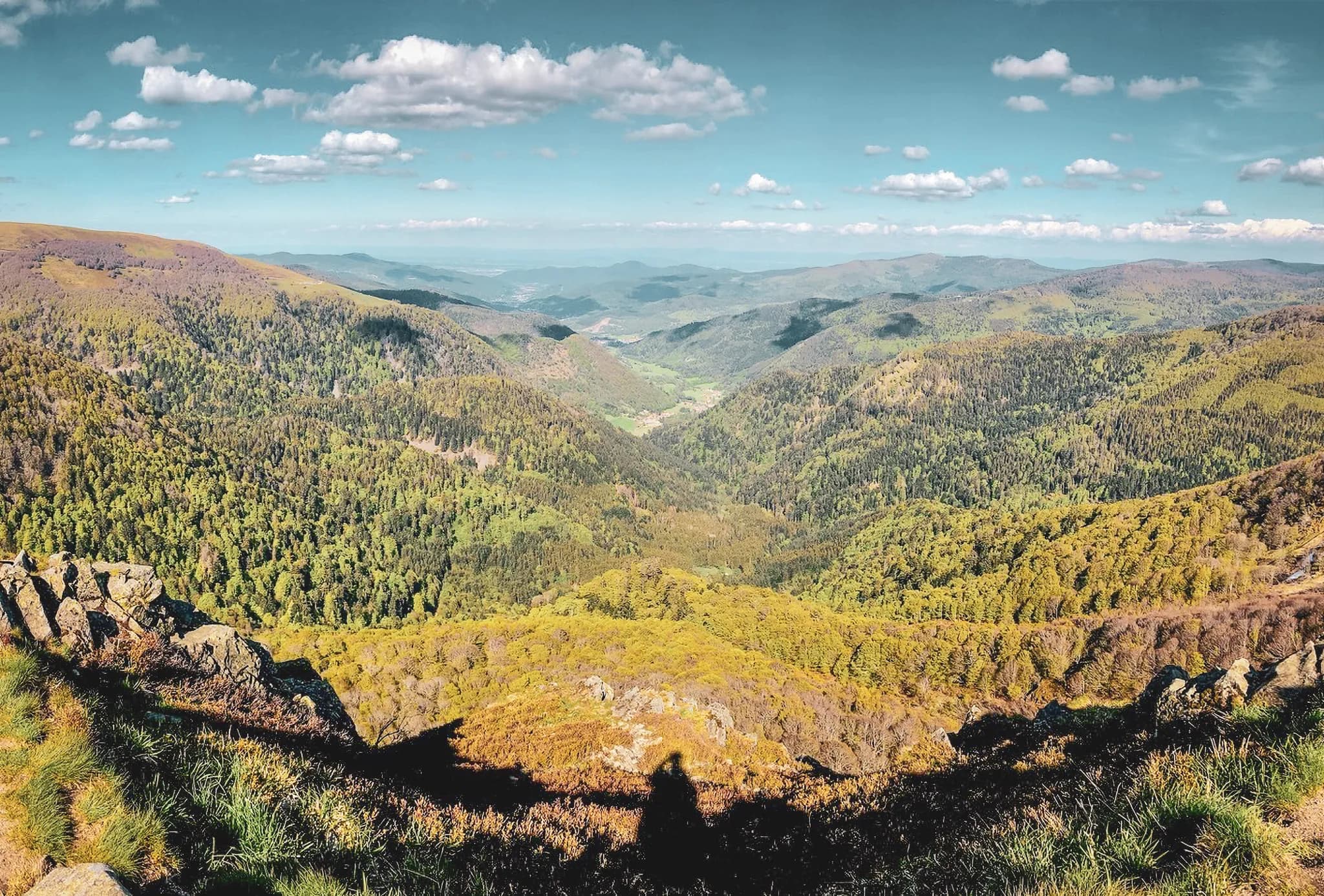 Vue panoramique des Vosges, vallées verdoyantes et sommets majestueux sous un ciel enjoué.