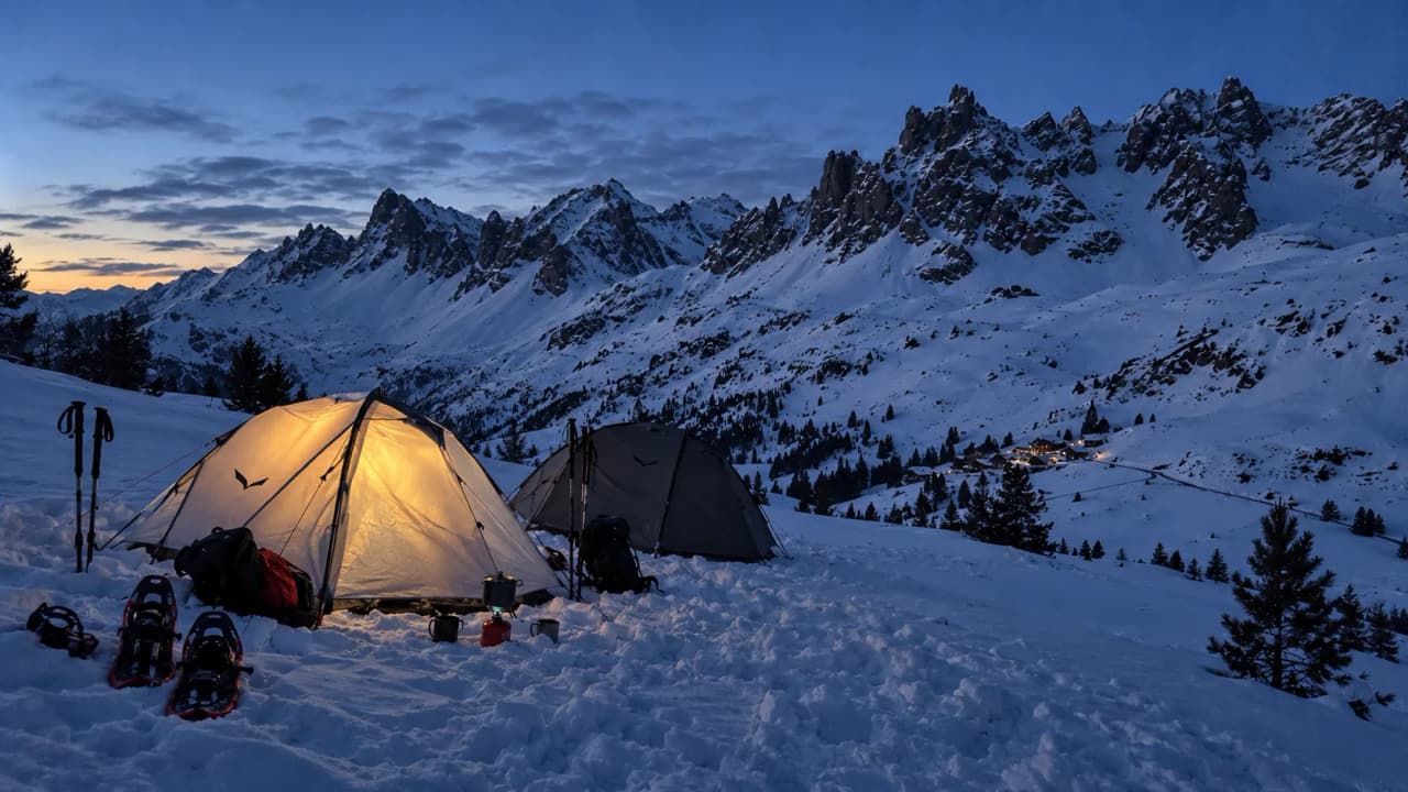 Tenten verlicht in de schemering, met besneeuwde bergtoppen op de achtergrond: een uitnodiging voor een winterbivak.